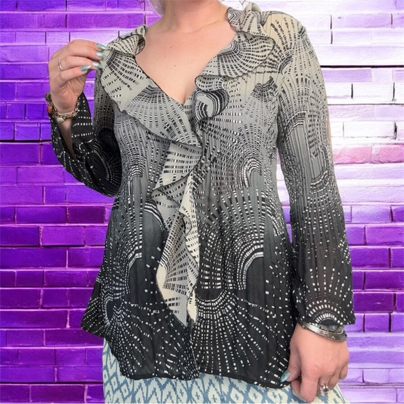 VTG Y2K Sunny Leigh Black & White Long Sleeve Button up Blouse XL Fairy Goth - Picture 3 of 9